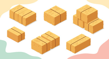 Fototapeta premium Bales of hay in isometric view, perfect for agriculture, farming, or autumn harvest themed designs and creative projects this season