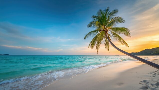 Coconut palm tree on a white sand beach, sunrise lighting, emphasizing the serene tropical setting