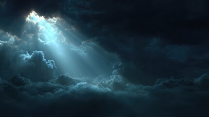 Fototapeta premium Serene light rays breaking through dark clouds in dramatic sky scene