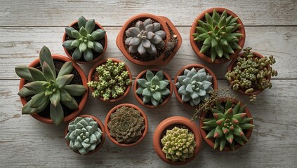 Top view of assorted succulent plants in terracotta containers on a wooden tabletop, indoor gardening arrangement
