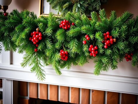 Lush green pine garland draped across a mantle, adorned with red berries and pinecones Festive holiday decor , rustic, green - Powered by Adobe