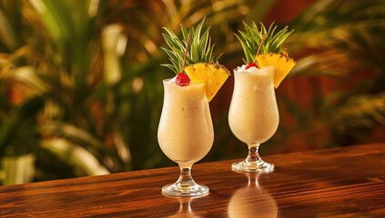 Two Pina Colada drinks placed on a bar counter, refreshing tropical beverage choice