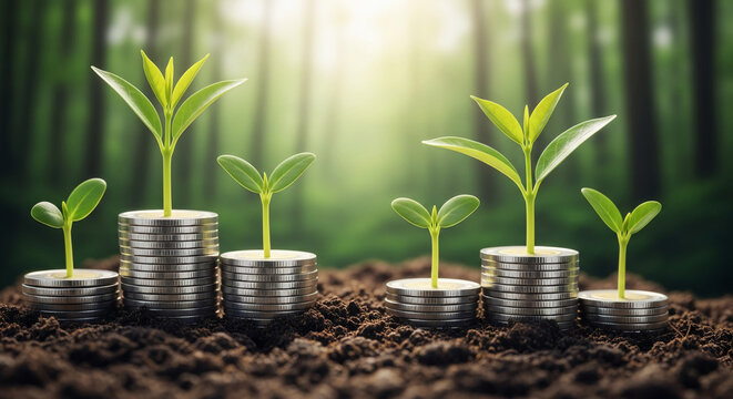 Five coin stacks with small green plant on each, against a blurred forest background, representing growth, investment, and financial progress
