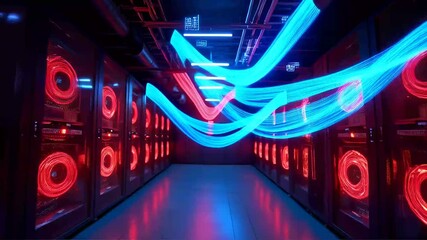 Futuristic data center server room with glowing red and blue lights and flowing data streams technology - Powered by Adobe