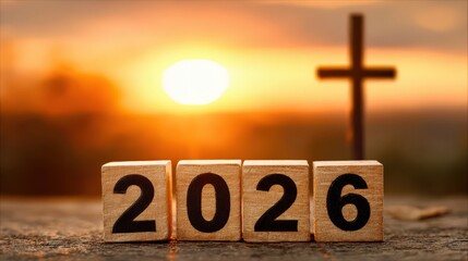 Wooden year 2026 with cross at sunset - symbolic new year concept