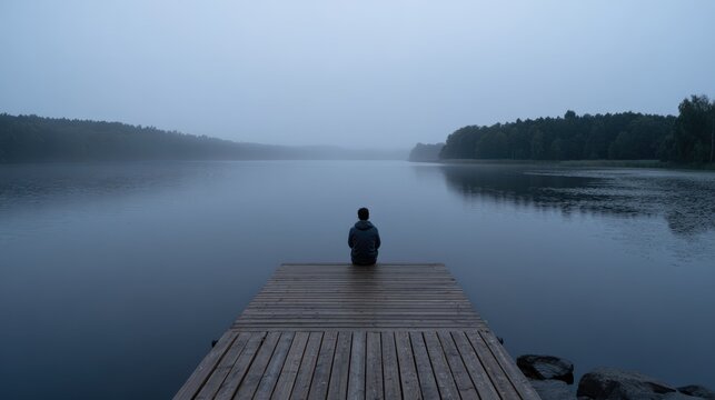 Solitude and reflection: silhouette of a man on a tranquil lake dock
