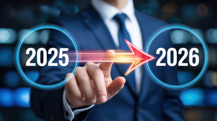 Businessman pointing finger at screen showing transition from year 2025 to 2026 with arrow