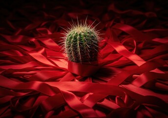 A small cactus is sitting on a red ribbon