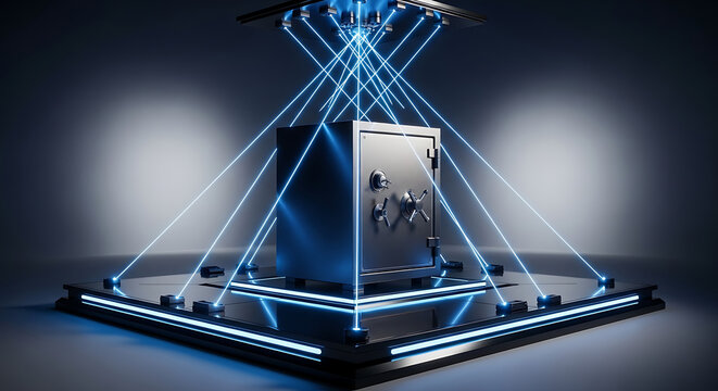 Digital security concept safe protected by laser grid
