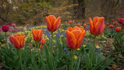 Vibrant orange tulips in bloom, adding a cheerful touch to spring gardens