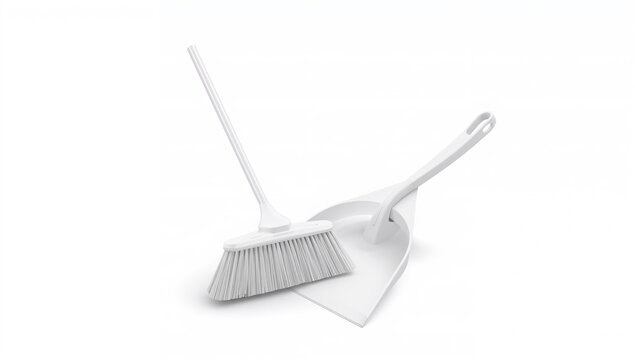 White plastic broom and dustpan on a plain background, efficient cleaning tools - Powered by Adobe