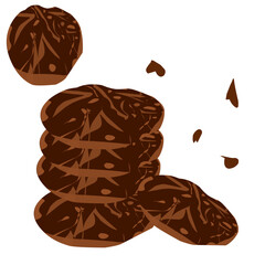 coffee beans and chocolate,A stack of dark chocolate cookies with a patterned, mocha-like or marbled design, featuring scattered crumbs on a white background.