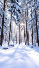 Soft white snow blankets a serene forest clearing, sunlight dappling through snow-laden pines,  winter wonderland,  clearing