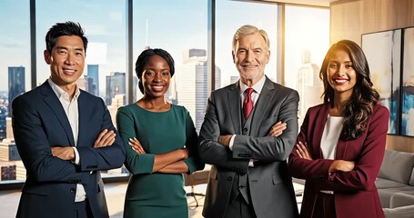 Diverse group of business professionals posing in modern office setting