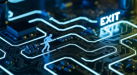 Tiny person on circuit board reaching for exit sign
