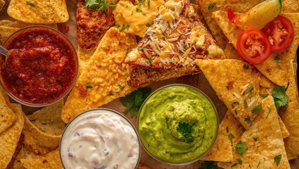Tortilla corn nachos with salsa, melted cheese, and guacamole, fiber-dense choice
