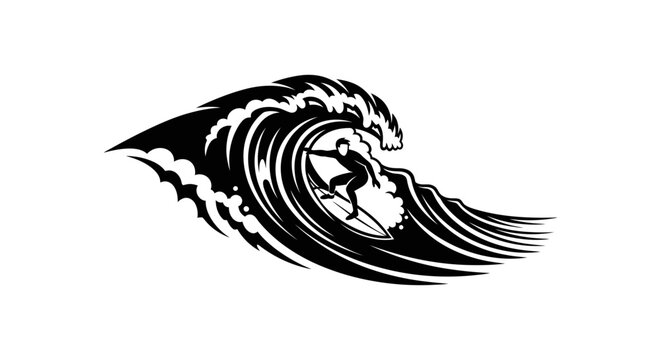 Surfing wave vector illustration black and white design art