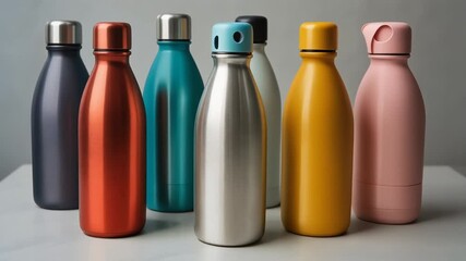 Collection of colorful reusable metal water bottles displayed on a clean background. - Powered by Adobe