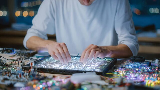 Detailed macro view of engineer&rsquo;s fingers gripping a microchip board under bright task lighting, surrounding workspace cluttered with colorful wires, resistors, and a soldering iro