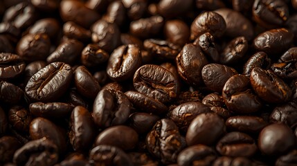 Obraz premium Macro background of freshly roasted coffee beans. A rich, dark, and aromatic texture perfect for a cafe or coffee concept