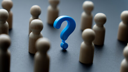 Question mark surrounded by a crowd. Curiosity, inquisitive thinking, investigate, learning concept.