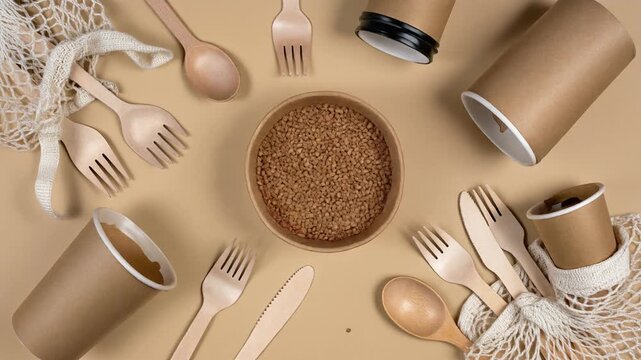 Eco-Friendly Sustainable Packaging and Reusable Tableware &ndash; Zero Waste Lifestyle Concept Flat Lay