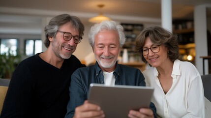 Smiling senior man showcasing his finished digital artwork on tablet to family members, symbolizing blending tradition with technology, artistic exploration, and emotional well-being in retirement.