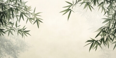 Obraz premium Misty bamboo leaves frame a pale background