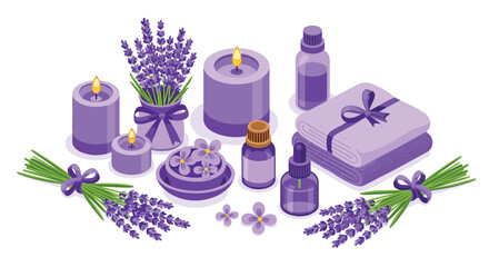 A calming spa experience with lavender scented candles, oils, and soft towels perfect for promoting relaxation and enhancing wellness