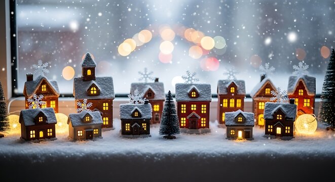 Charming christmas village scene with miniature houses covered in snow and illuminated by warm lights