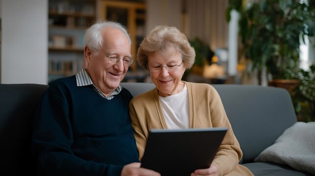 Smiling senior man showcasing his finished digital artwork on tablet to family members, symbolizing blending tradition with technology, artistic exploration, and emotional well-being in retirement.