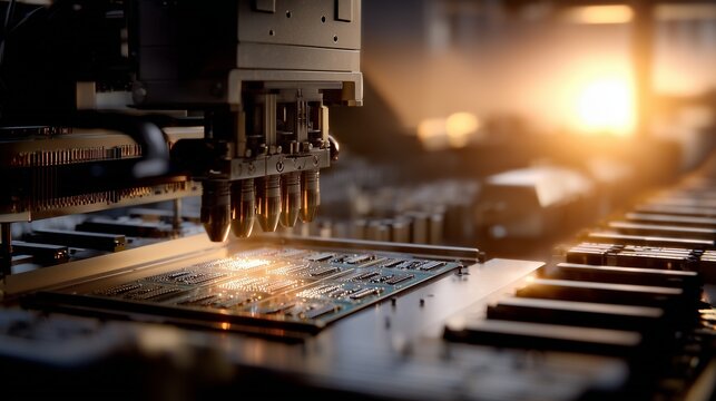 An advanced robotic machine engages in the precise assembly of circuit boards in a sophisticated manufacturing environment. The robotic machine works diligently to produce intricat