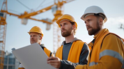 A construction crew stands beneath towering cranes, inspecting blueprints on a digital tablet — a powerful blend of traditional craftsmanship and modern technology. The diverse team of engineers,