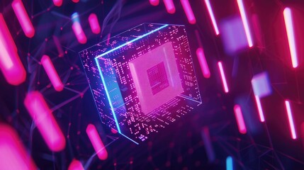 3D render of a luminous cube with a central processor and network lines against a dark background