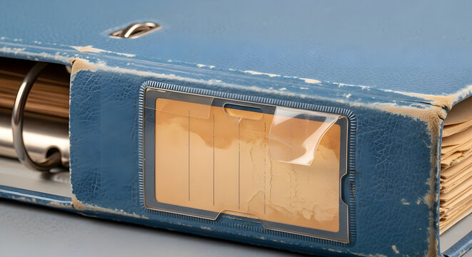 Vintage Blue Ring Binder with Worn Edges and Label Holder, Well-Used Blue File Folder with Documents Showing Wear and Tear Close-Up