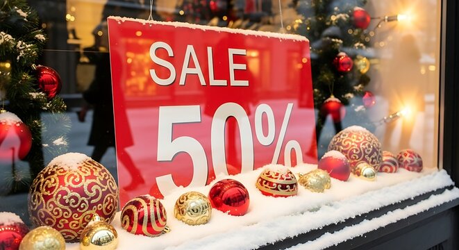 Sale 50 percent sign in shop window decorated with christmas ornaments and snow in winter