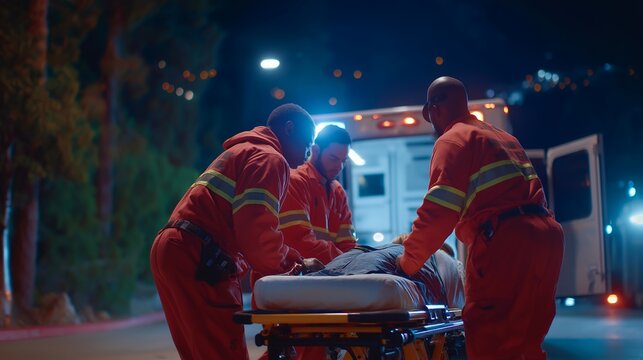 Flashing lights and a sense of urgency define the moment as a medical emergency crew prepares ambulance equipment before rushing to a call. Paramedics check defibrillators, oxygen tanks, and first