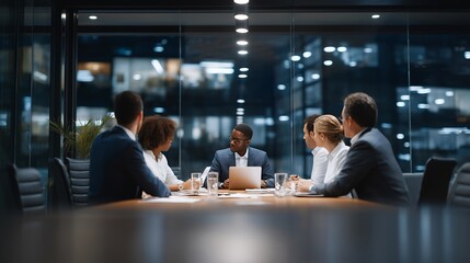 A diverse team of lawyers gathered around a sleek conference table in a glass-walled office, collaborating on digital case files displayed on tablets and laptops — a powerful representation of