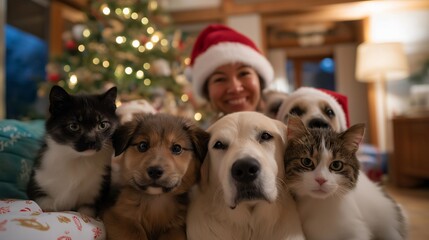 Warmly decorated pet shelter with volunteers wearing Santa hats cuddling rescued dogs and cats beside a twinkling Christmas tree — heartwarming visual of compassion, animal welfare, and festive
