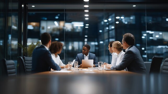 A diverse team of lawyers gathered around a sleek conference table in a glass-walled office, collaborating on digital case files displayed on tablets and laptops — a powerful representation of - Powered by Adobe