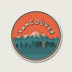 Obraz premium This vibrant sticker features a scenic view of Vancouver, showcasing mountains, trees, and buildings. It highlights the beauty of both nature and urban life in a circular design.
