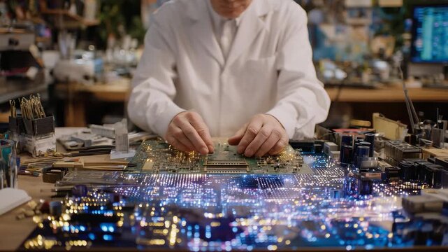 Electronic workshop moment captured in detail, hands lifting circuit board gently, soldering tools and wire spools scattered on illuminated bench, vivid reflections, industrial tec