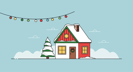 Obraz premium Minimal Christmas House Vector Art – Festive Winter Home Illustration, Simple Holiday Design, and Cozy Seasonal Graphic Elements