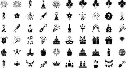 Celebration party festival icons set with fireworks balloons confetti cake gifts candles birthday decorations festive holiday symbols