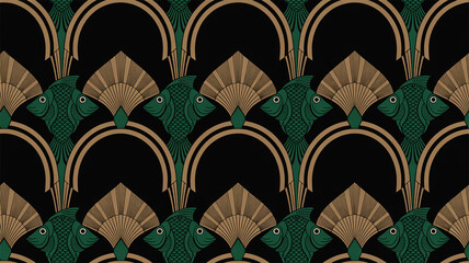 Seamless Art Deco pattern with luxurious emerald fish and golden sunbursts on black background, geometric 1920s style, symmetrical, decorative, elegant, continuous repeat design.