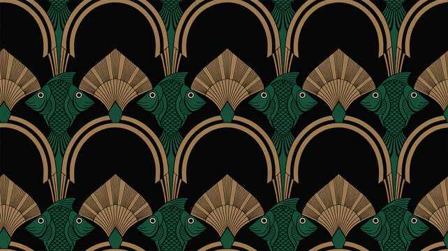 Seamless Art Deco pattern with luxurious emerald fish and golden sunbursts on black background, geometric 1920s style, symmetrical, decorative, elegant, continuous repeat design.