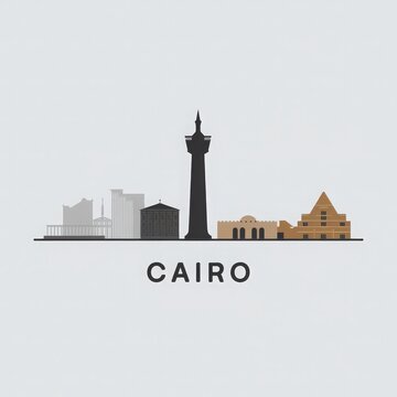 This artwork presents a stylized representation of Cairos skyline, featuring key landmarks such as the Cairo Tower, diverse buildings, and unique architectural styles.