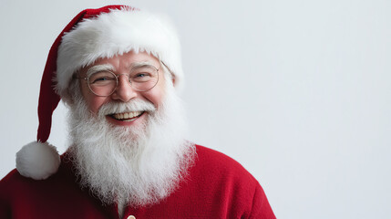 Naklejka premium Modern Santa in red suit, clean white backdrop, smiling, minimal studio lighting