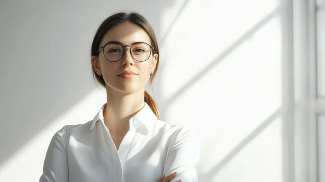 Newly promoted employee with relaxed proud stance, crisp features, clean white