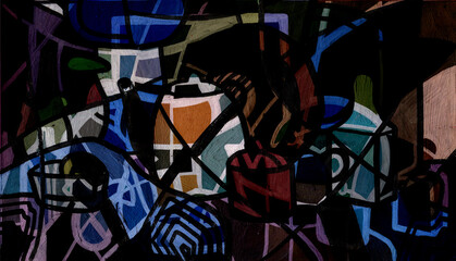 hand-drawn illustration, abstract multicolored of a decorative still life of dishes background from paints on a palette close-up